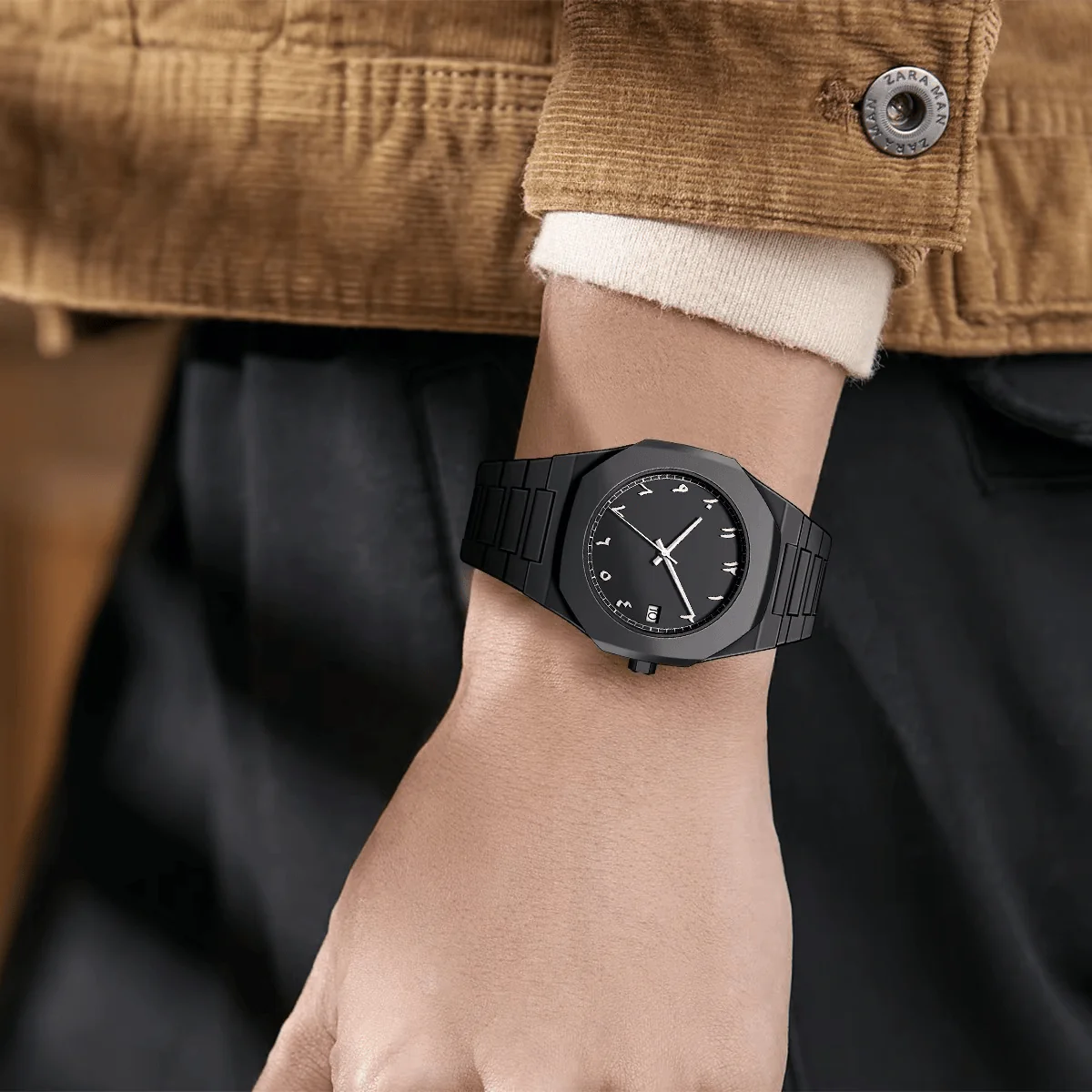 Arabic Men's Watch with Arabic Numerals Matte Black Minimalist Analog Watch